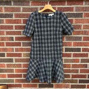 LOFT Black and White Plaid Tweed 1/2 Sleeve Peplum Hem Mini Dress
